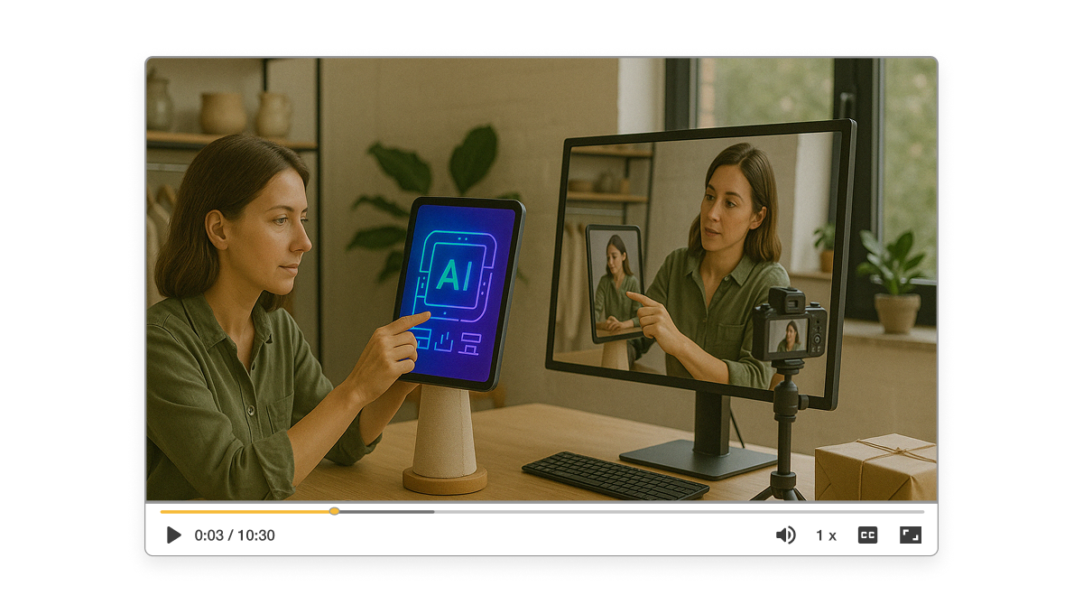 Seller using Visla’s Etsy video creator to showcase a product on screen and build buyer trust with video content.